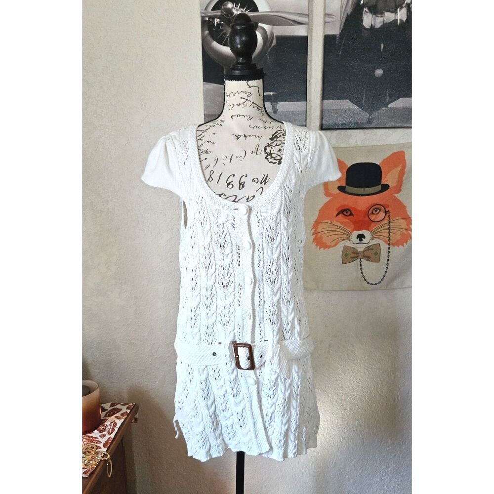 Sweater Dress Cable Knit & Pointelle Belted Tunic Large Cream